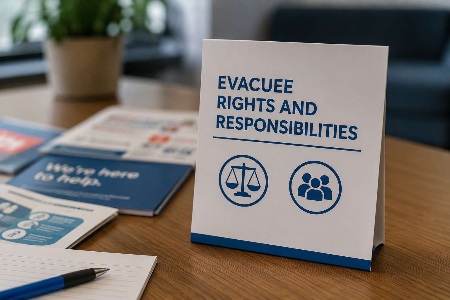 A small desk sign that reads "Evacuee Rights and Responsibilities"